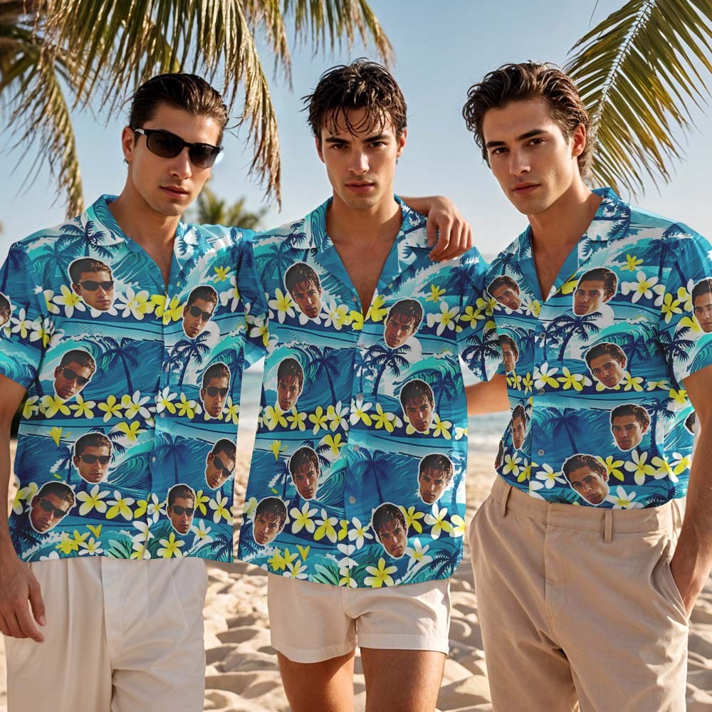 Personalized Green FLowers Face Hawaiian Shirt Custom Face Photo Shirt for Men Fun Summer Vacation Gift - MyFaceUnderwearAU