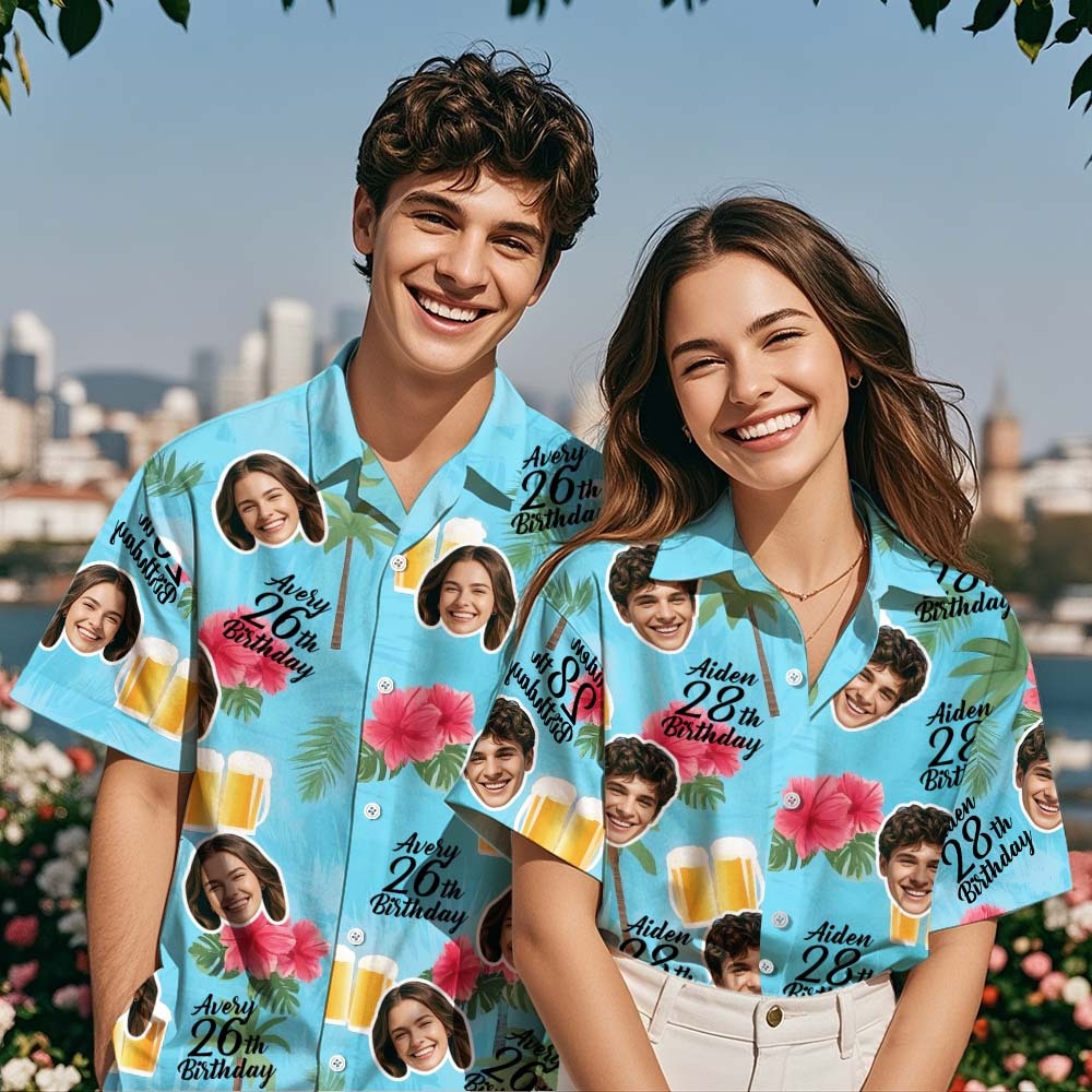 Personalized Birthday Couple Hawaiian Shirt Custom Face Name Summer Birthday Party Pink Shirt Aloha Birthday Hawaiian Shirt Birthday Gift - MyFaceUnderwearAU