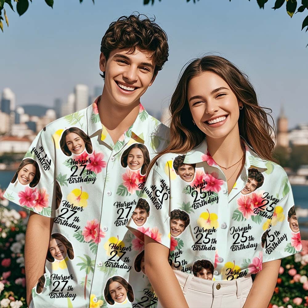 Personalized Birthday Couple Hawaiian Shirt Custom Face Name Summer Birthday Party Pink Shirt Aloha Birthday Hawaiian Shirt Birthday Gift - MyFaceUnderwearAU