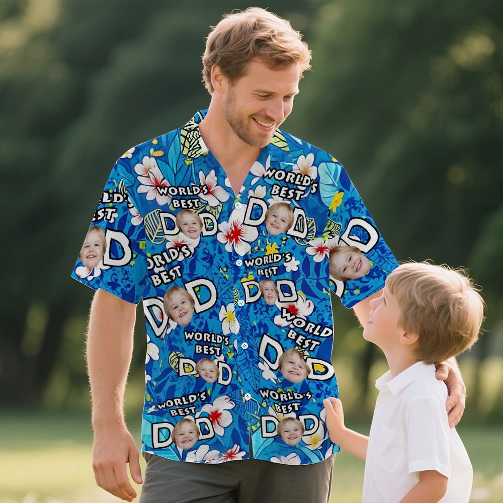 Custom Best World Dad Face Hawaiian Shirt Blue and Flower Tropical Hawaiian Shirt Fathers Day Gift - MyFaceUnderwearAU