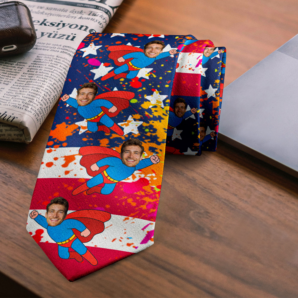 Personalized Face Tie for Dad Custom Superhero Tie with Photo Mash Gift for Him - MyFaceUnderwearAU