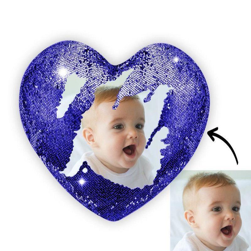 Custom Photo Magic Heart Sequin Pillow Blue