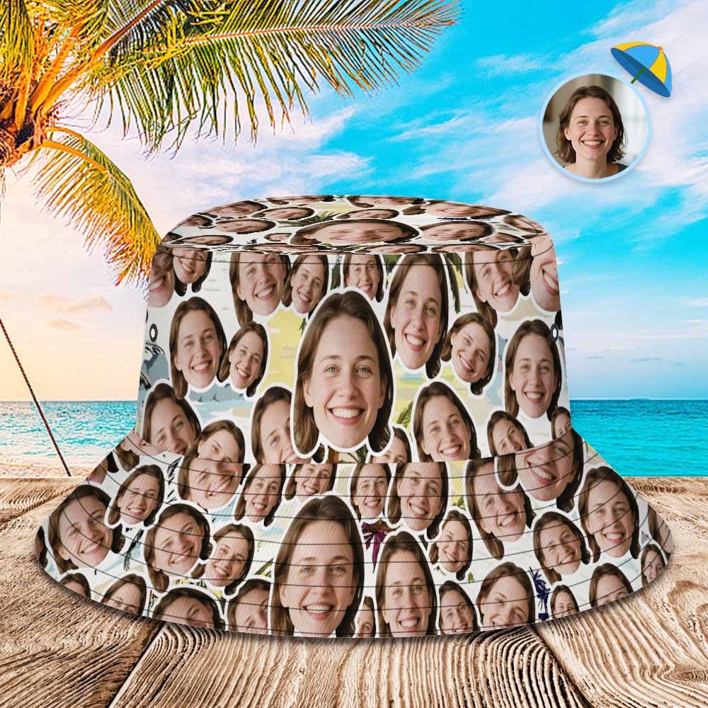 Custom Face Bucket Hat Unisex Face Mash Personalized Outdoor Summer Green Hawaiian Hats Gift - MyFaceUnderwearAU