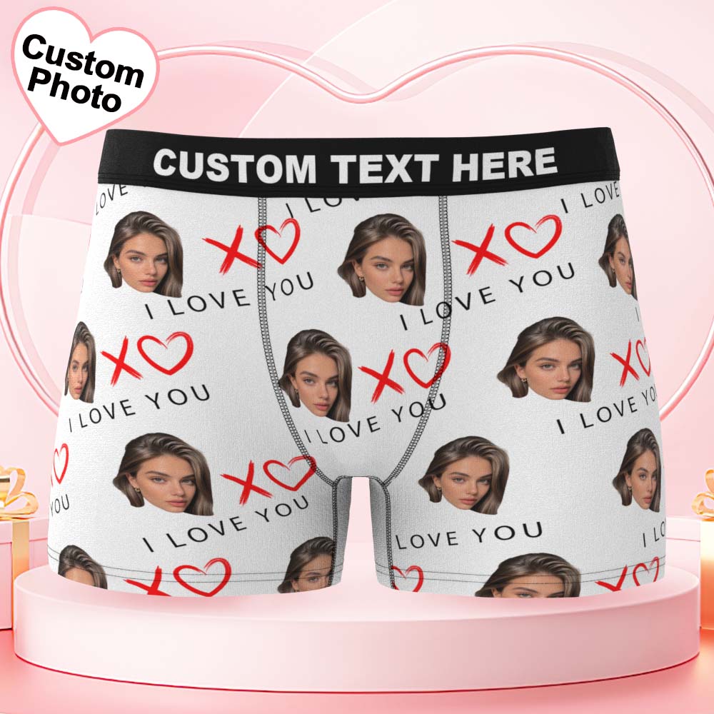 Valentine's Day Gifts Custom Face Men's Underwear I Love You XOXO Personalized Boxer Briefs Gifts for Him Waistband Text Boxers