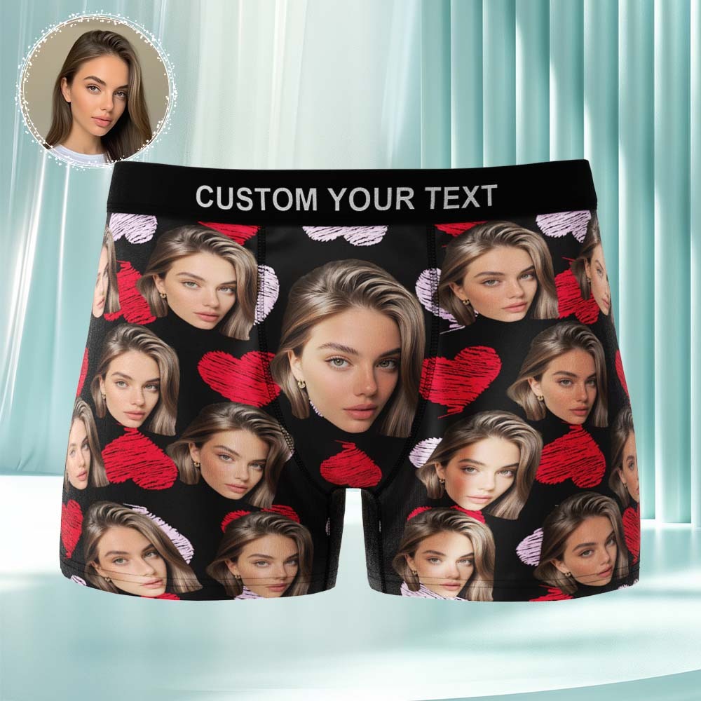 Custom Face Underwear Men's Boxer Briefs Personalized Photo Boxers Breathable Ice Silk Red and Pink Heart - MyFaceUnderwearAU