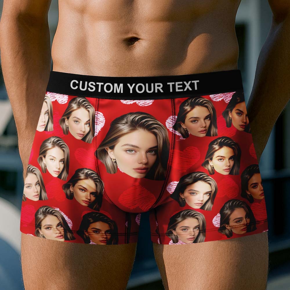 Custom Face Underwear Men's Boxer Briefs Personalized Photo Boxers Breathable Ice Silk Red and Pink Heart - MyFaceUnderwearAU