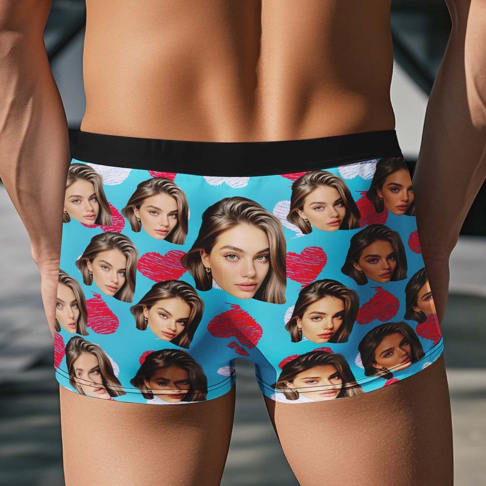 Custom Face Underwear Men's Boxer Briefs Personalized Photo Boxers Breathable Ice Silk Red and Pink Heart - MyFaceUnderwearAU
