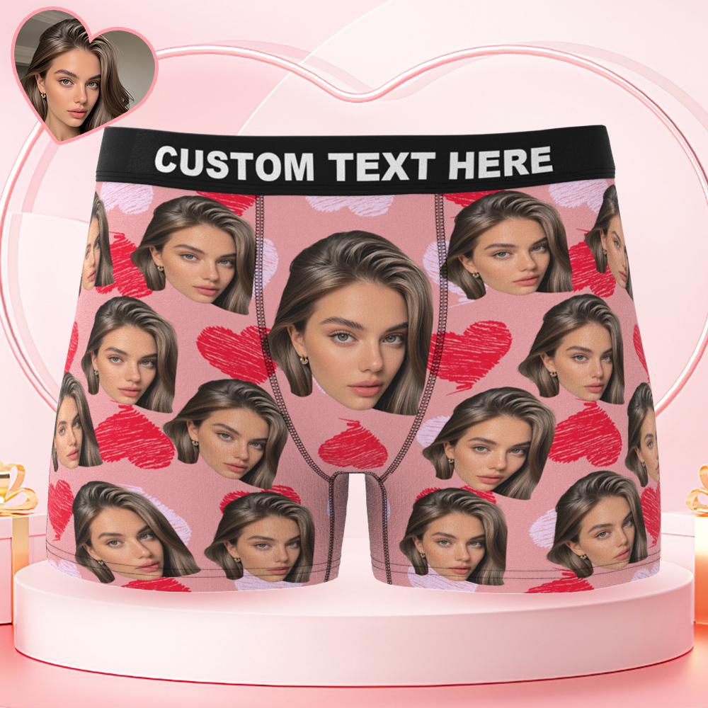 Valentine's Gifts Custom Big Face Boxer Shorts Personalized Colorful Waistband Boxer Briefs Red and Pink Hearts Christmas Gifts for Boyfriend