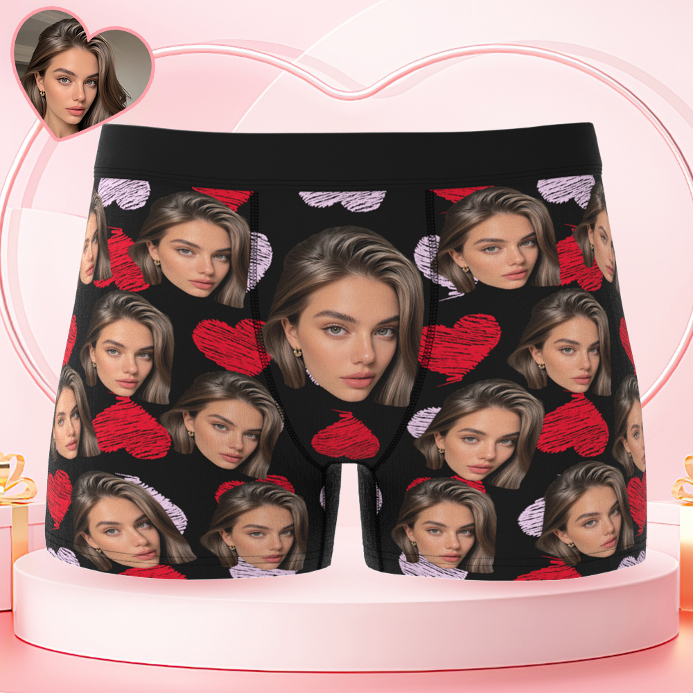 Custom Big Face Boxer Shorts Personalized Colorful Waistband Boxer Briefs Red and Pink Hearts Christmas Gifts for Boyfriend - MyFaceUnderwearAU