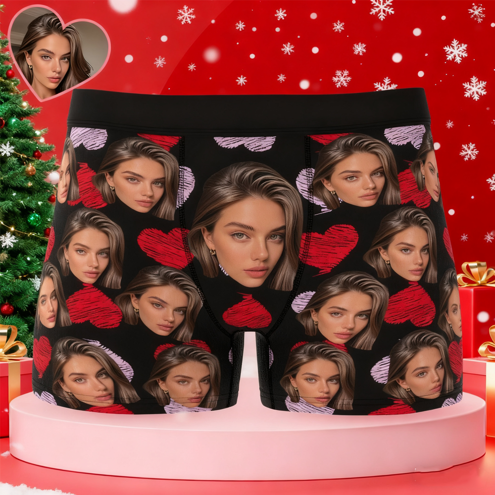Custom Big Face Boxer Shorts Personalized Colorful Waistband Boxer Briefs Red and Pink Hearts Christmas Gifts for Boyfriend - MyFaceUnderwearAU