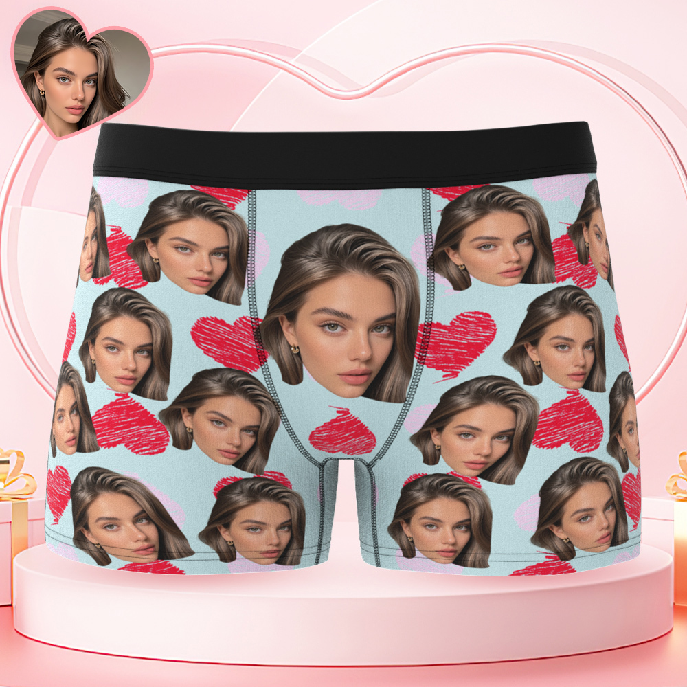 Custom Big Face Boxer Shorts Personalized Colorful Waistband Boxer Briefs Red and Pink Hearts Christmas Gifts for Boyfriend - MyFaceUnderwearAU