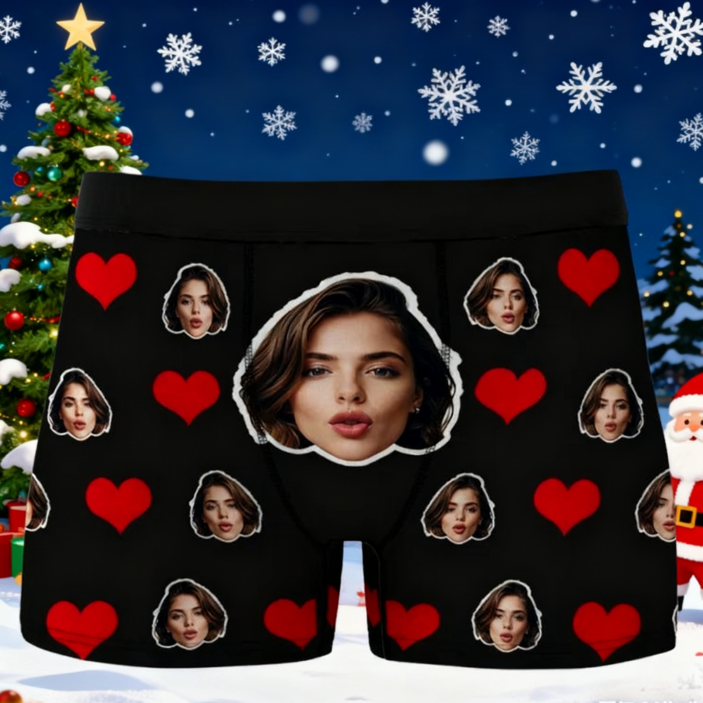 Custom Men's Face Boxer Red Heart Boxers Face Boxer Briefs Personalized Face Boxer Briefs Valentine's Day Underwear Gift