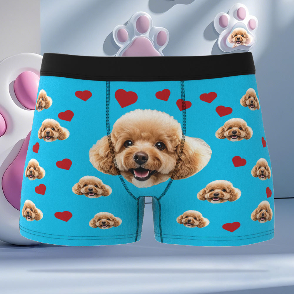 Custom Boxers with Pet Photo Men Underwear with Pet Face Personalized Blue Boxer Briefs with Tex Birthday Gift for Pet Dad Valentine's Day - MyFaceUnderwearAU