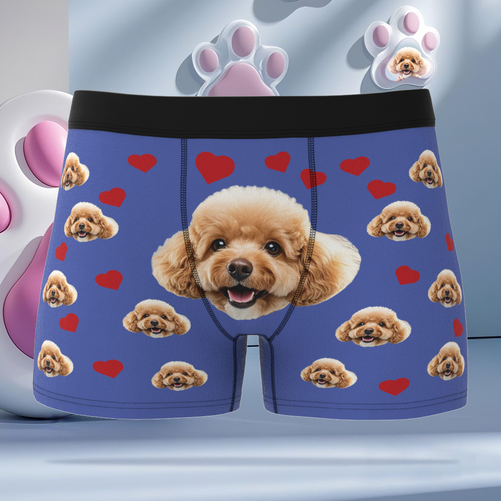 Custom Boxers with Pet Photo Men Underwear with Pet Face Personalized Blue Boxer Briefs with Tex Birthday Gift for Pet Dad Valentine's Day - MyFaceUnderwearAU