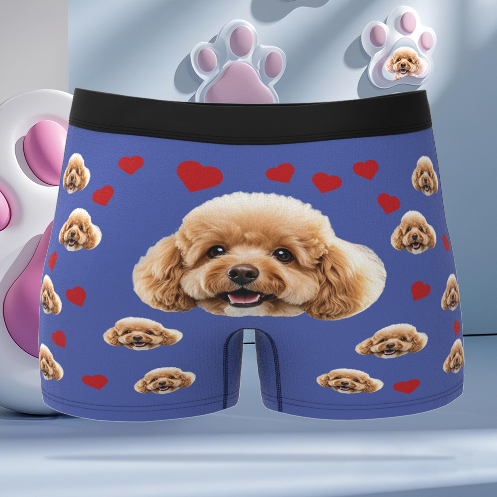 Custom Boxers with Pet Photo Men Underwear with Pet Face Personalized Blue Boxer Briefs with Tex Birthday Gift for Pet Dad Valentine's Day - MyFaceUnderwearAU
