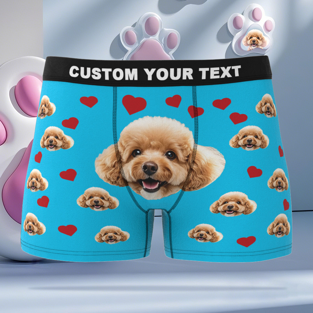 Custom Boxers with Pet Photo Men Underwear with Pet Face Personalized Blue Boxer Briefs with Tex Birthday Gift for Pet Dad Valentine's Day - MyFaceUnderwearAU