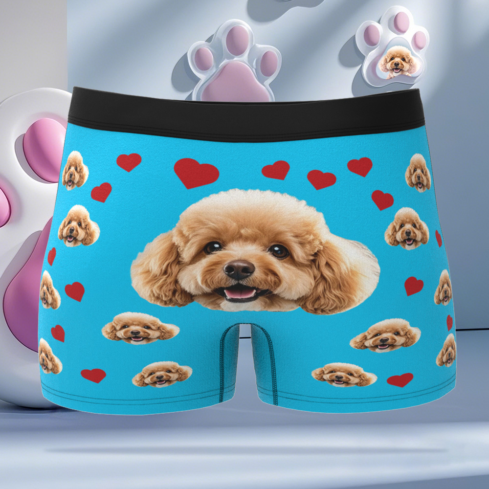 Custom Boxers with Pet Photo Men Underwear with Pet Face Personalized Blue Boxer Briefs with Tex Birthday Gift for Pet Dad Valentine's Day - MyFaceUnderwearAU
