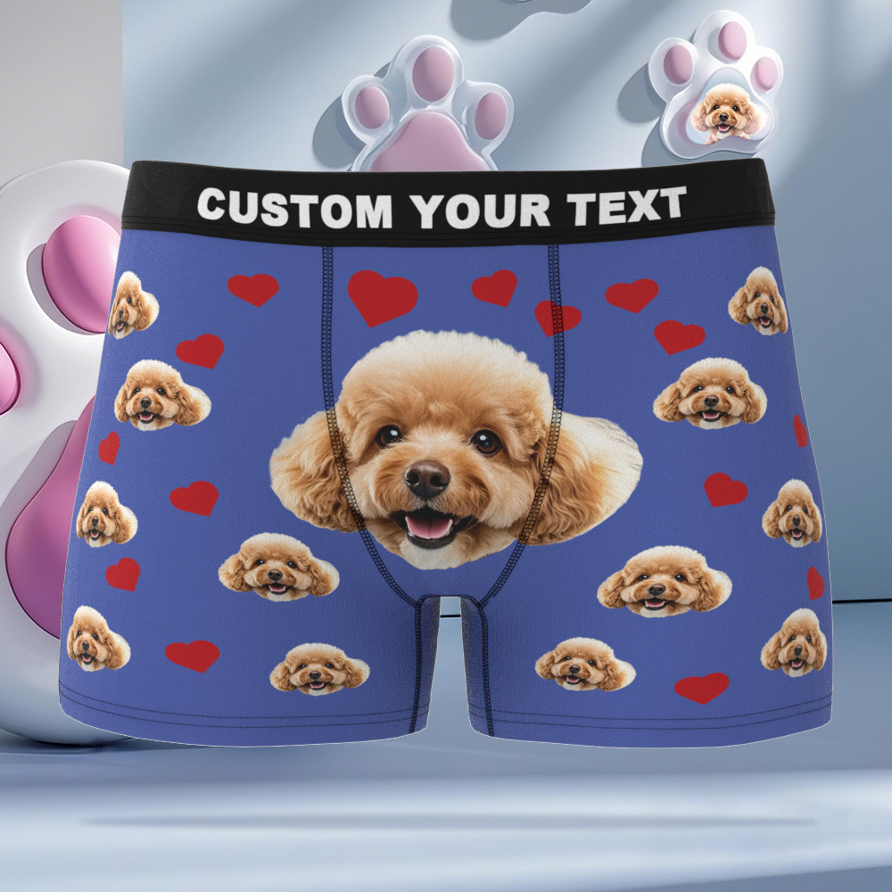 Custom Boxers with Pet Photo Men Underwear with Pet Face Personalized Blue Boxer Briefs with Tex Birthday Gift for Pet Dad Valentine's Day - MyFaceUnderwearAU
