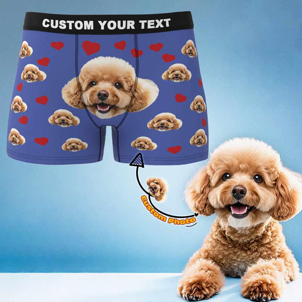 Custom Boxers with Pet Photo Men Underwear with Pet Face Personalized Blue Boxer Briefs with Tex Birthday Gift for Pet Dad Valentine's Day - MyFaceUnderwearAU