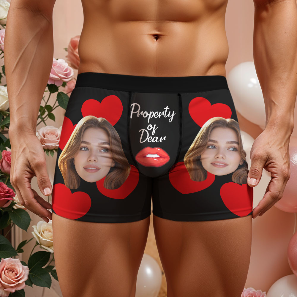 Custom Face Men's Boxer love and lip Property Of Dear Underwear Gifts For Husband Boyfriend Valentine's Day Gift - MyFaceUnderwearAU