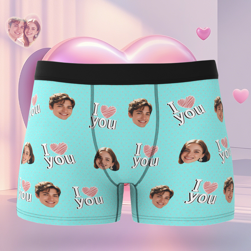Custom Face Men's Boxer Teal Underwear Gifts for Husband I Love You Heart Men Face Boxer - MyFaceUnderwearAU
