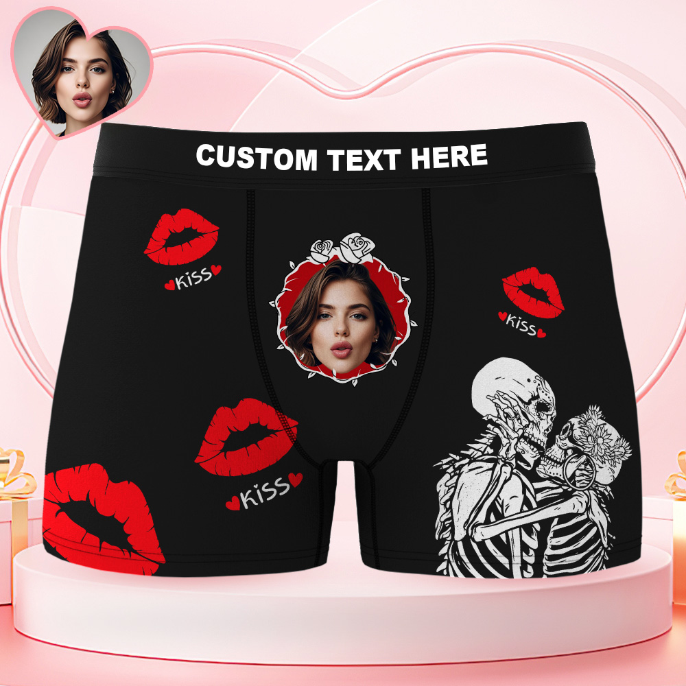 Valentine's Day Gifts Custom Face Men's Underwear Skeleton Goth Couple Style Boxer Briefs Birthday Gifts for Husband, Waistband Text Boxers - MyFaceUnderwearAU