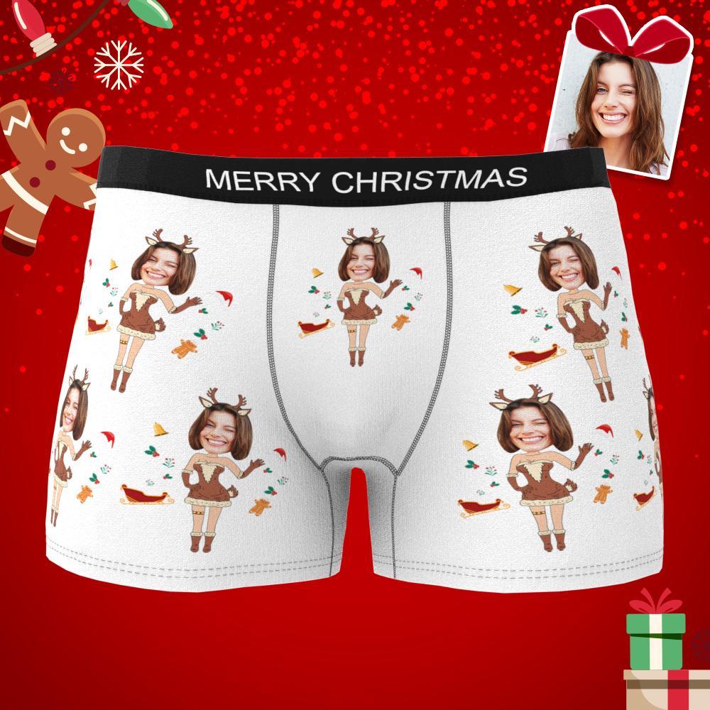 Custom Photo Boxer Christmas Elk Face Underwear Men's Underwear Couple Gifts Christmas Gift AR View - MyFaceUnderwearAU