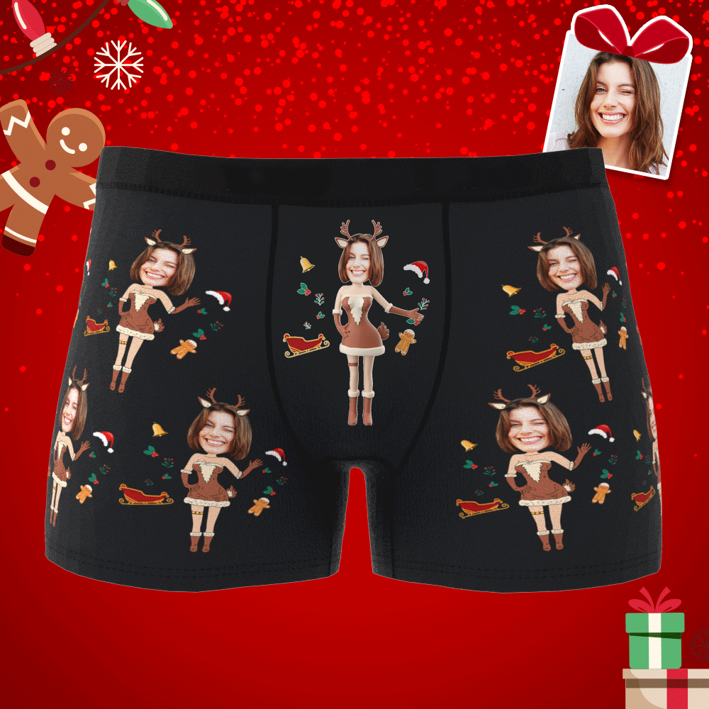 Custom Photo Boxer Christmas Elk Face Underwear Men's Underwear Couple Gifts Christmas Gift AR View - MyFaceUnderwearAU