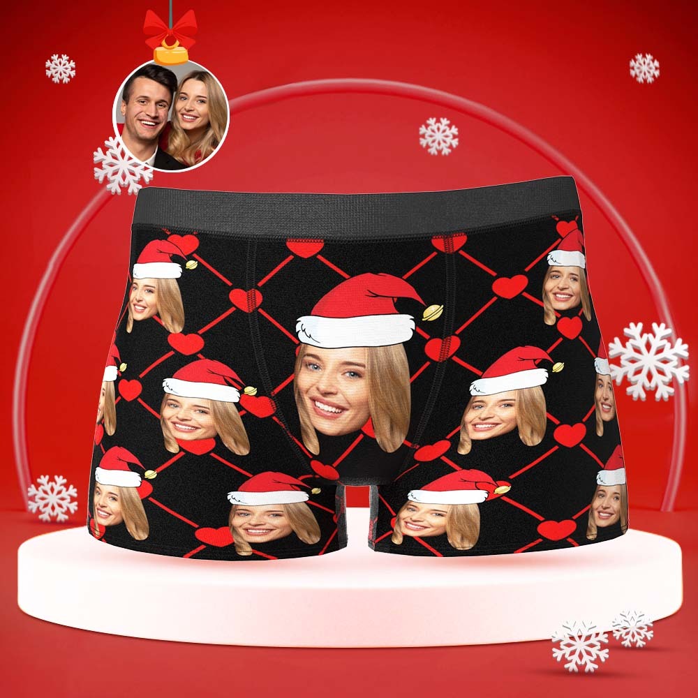 Custom Face Boxer with Girlfriend Picture Personalised Christmas Hat Pattern Men's Shorts - MyFaceUnderwearAU