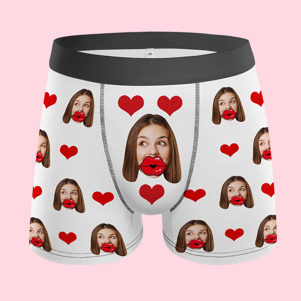 Custom Face Red Lips and Heart Boxer AR View Personalised Valentine's Day Gift For Him - MyFaceUnderwearAU