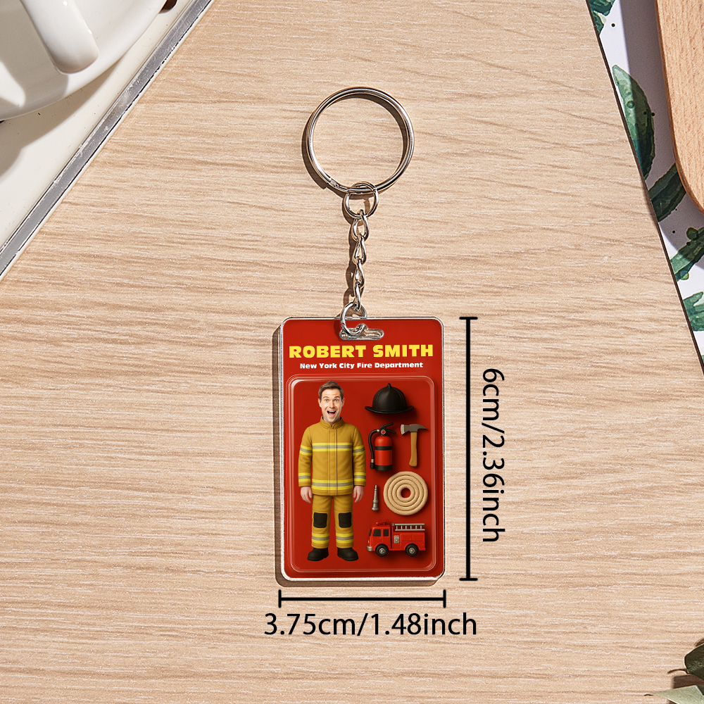Custom 3D Effect Action Figure Customizable Head Packaging Toy Box Style Art Gift Personalized 2D Printing Acrylic Keychain Gift for Firefighter - MyFaceUnderwearAU