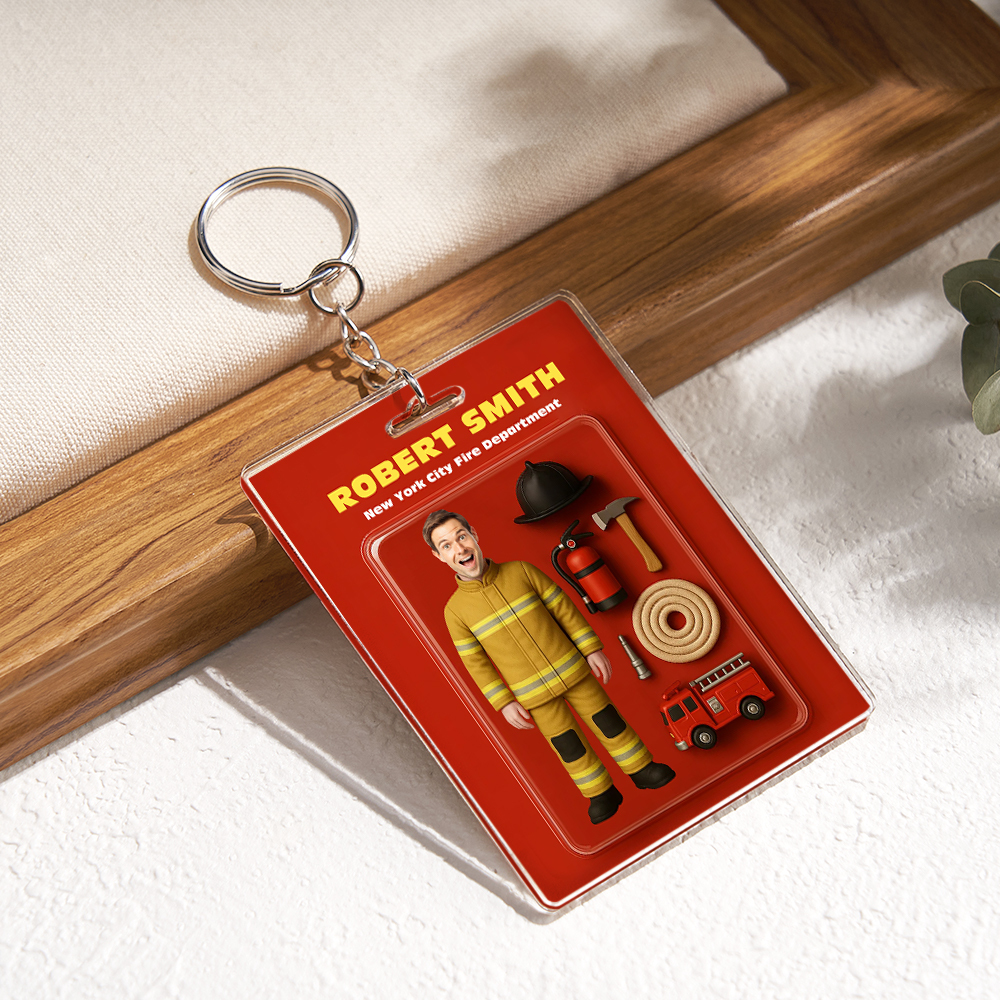 Custom 3D Effect Action Figure Customizable Head Packaging Toy Box Style Art Gift Personalized 2D Printing Acrylic Keychain Gift for Firefighter - MyFaceUnderwearAU