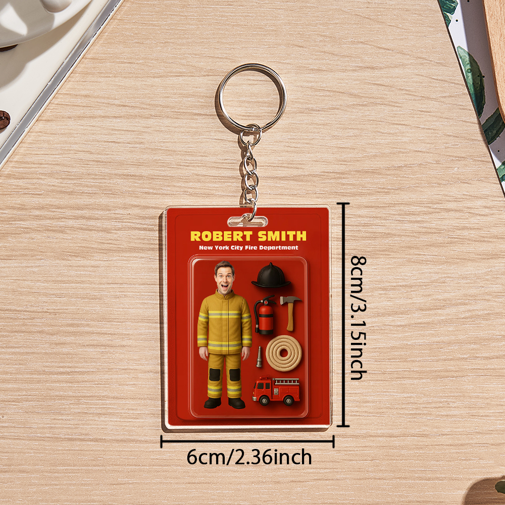Custom 3D Effect Action Figure Customizable Head Packaging Toy Box Style Art Gift Personalized 2D Printing Acrylic Keychain Gift for Firefighter - MyFaceUnderwearAU
