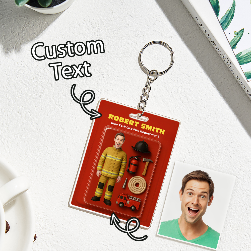 Custom 3D Effect Action Figure Customizable Head Packaging Toy Box Style Art Gift Personalized 2D Printing Acrylic Keychain Gift for Firefighter - MyFaceUnderwearAU
