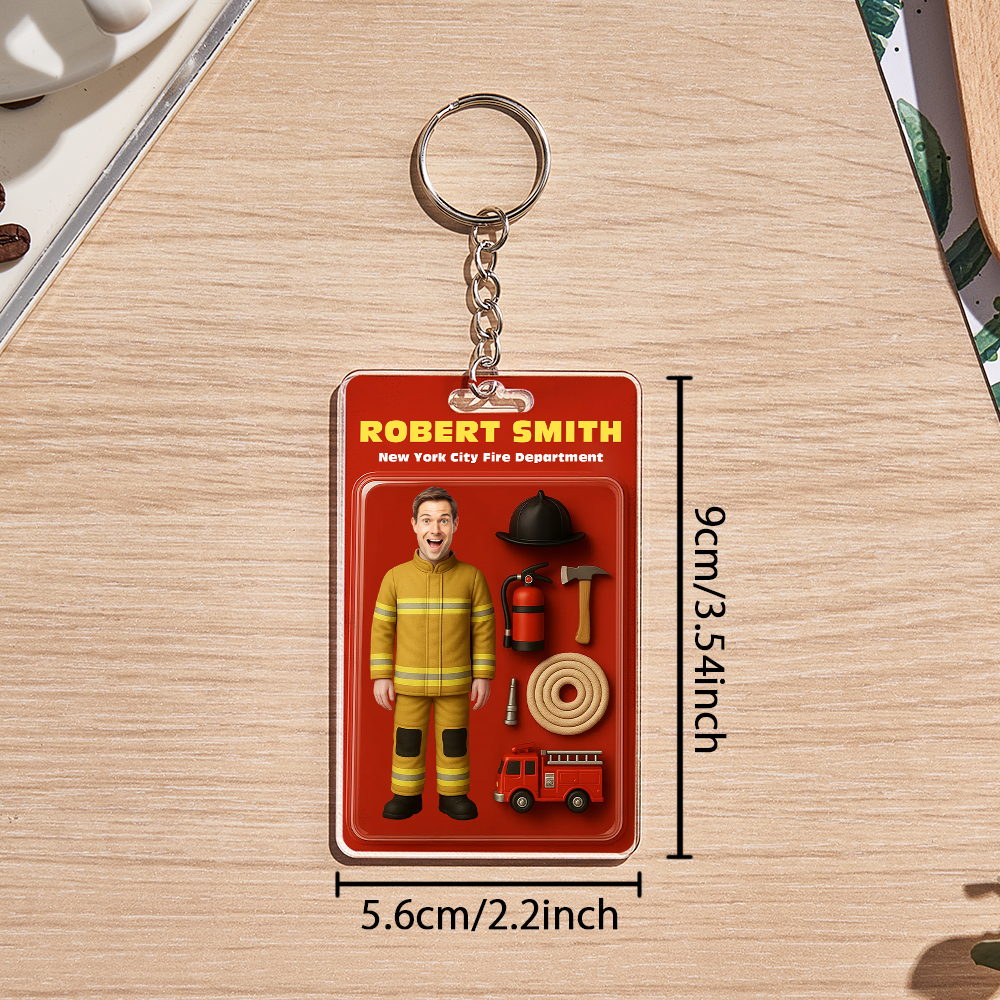 Custom 3D Effect Action Figure Customizable Head Packaging Toy Box Style Art Gift Personalized 2D Printing Acrylic Keychain Gift for Firefighter - MyFaceUnderwearAU