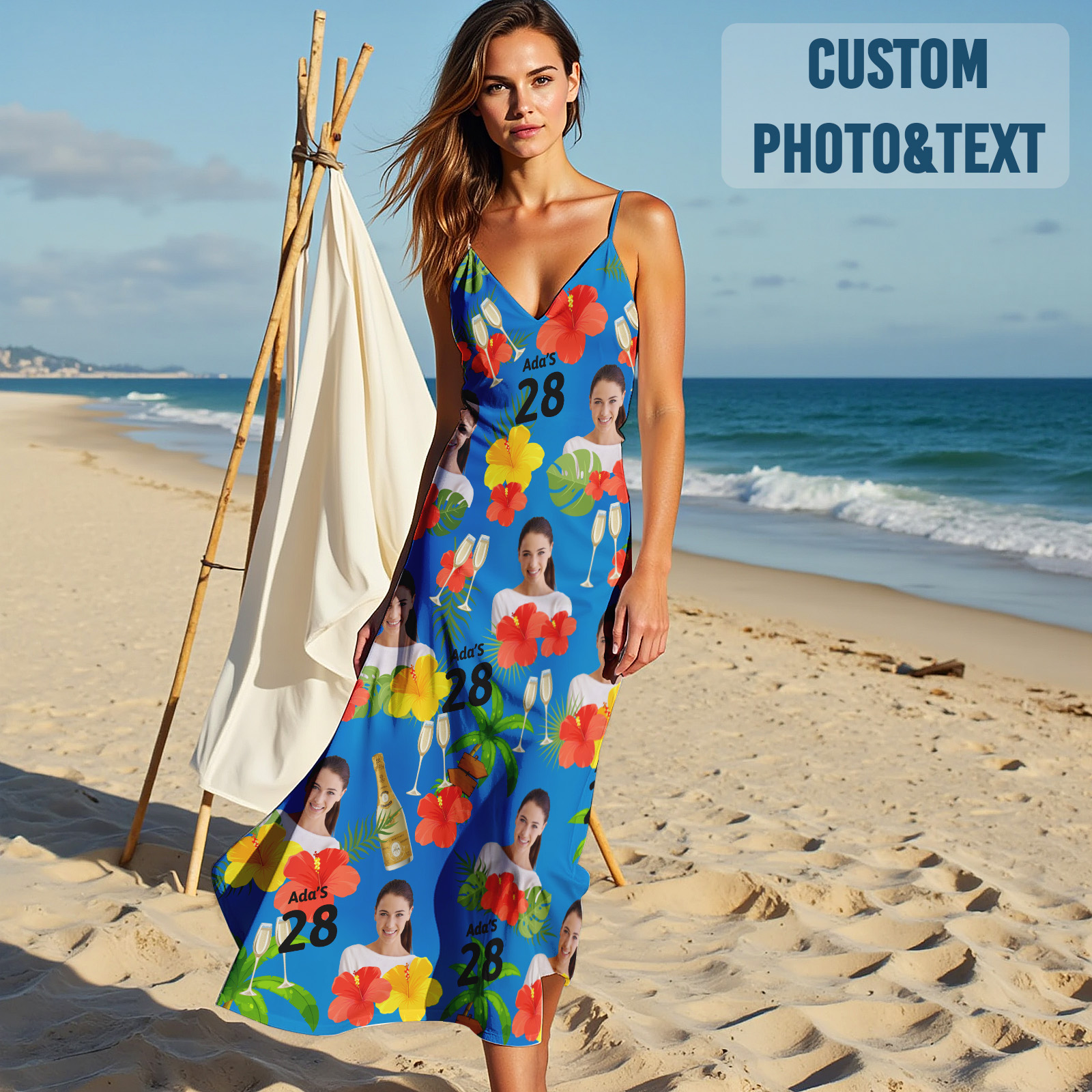 Custom Face Sling Hawaiian Style Long Dress Colorful Birthday Blue Dress Happy Birthday Gift - MyFaceUnderwearAU