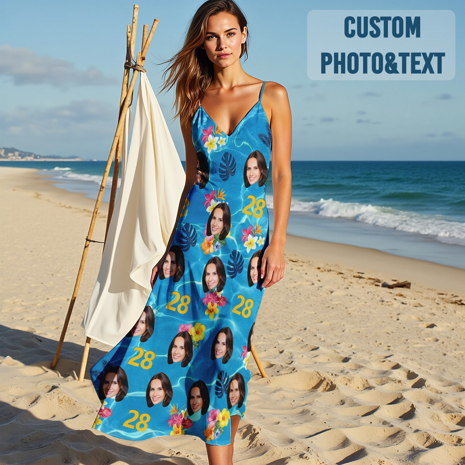 Custom Face Sling Hawaiian Style Long Dress Colorful Birthday Blue Dress Happy Birthday Gift - MyFaceUnderwearAU