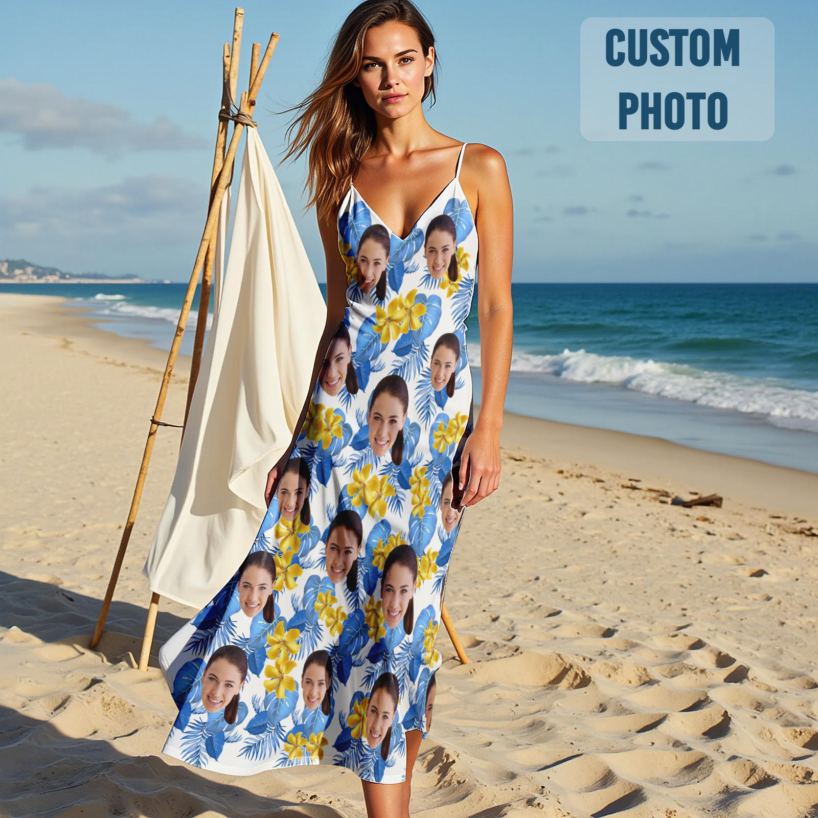 Custom Face Sling Hawaiian Style Long Dress Blue Tropical Dress Summer Gift Idea - MyFaceUnderwearAU