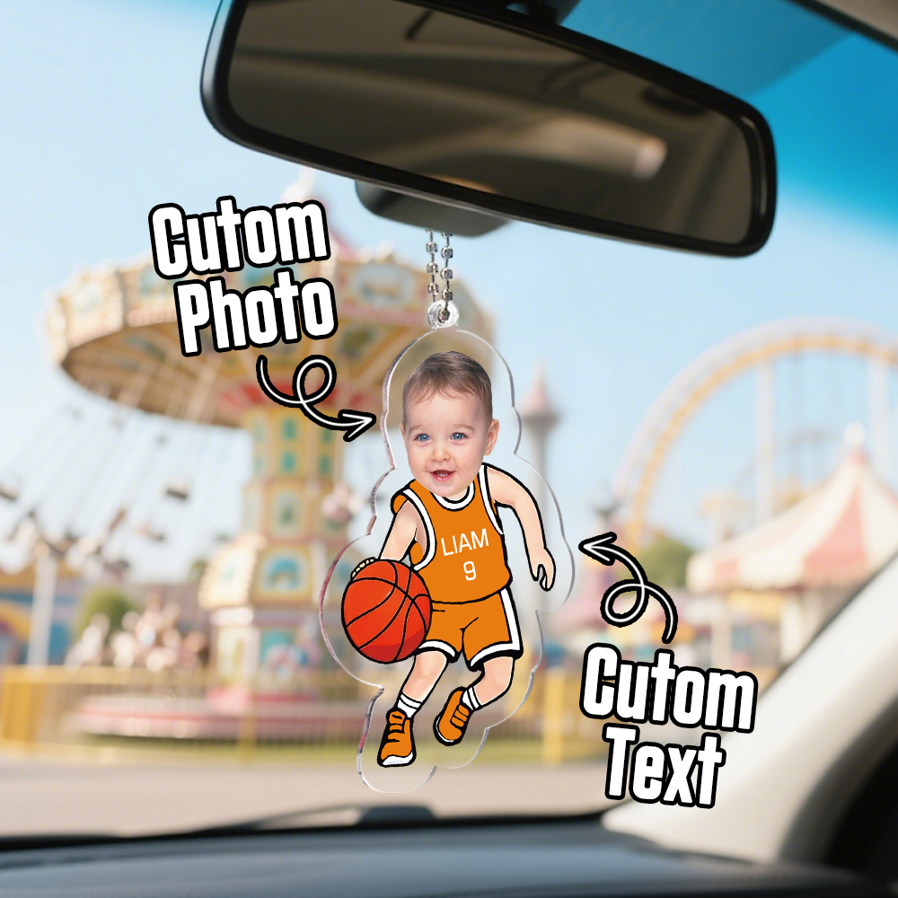 Personalized Baby Photo Basketball Dad Ornament In Car for Daddy, Funny Customized Fathers Day Birthday Gift Idea with Kid Name for Husband