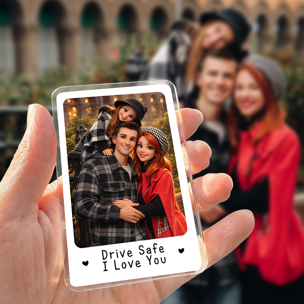 Photo Car Visor Clip - Drive safe I Love You - Custom Cartoon Portrait - Personalised Artwork of Couples, Family & Pets, Gift items for dad, Gift for him - Personalised Photo Visor Car Clip Photo