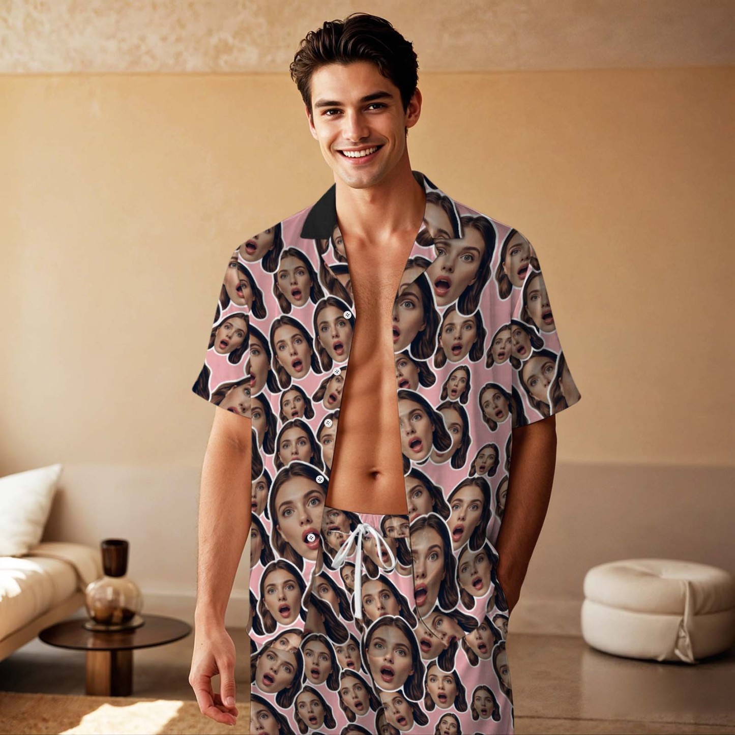 Custom Face Short Sleeved Pajamas Personalised Pink Sleepwear Love Gifts - MyFaceUnderwearAU