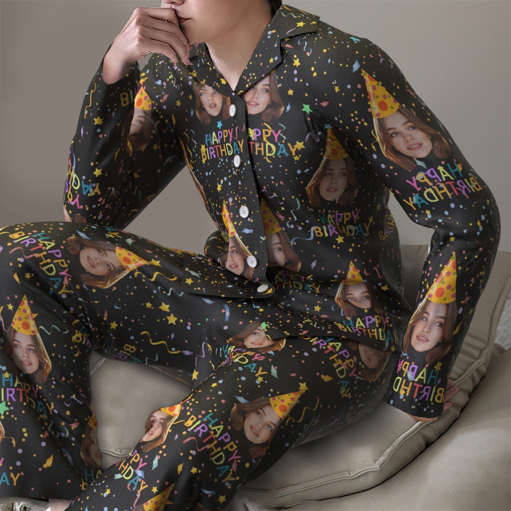 Custom Face Long Sleeve Pajamas Sleepwear Set Personalized Photo Happy Birthday Pajamas - MyFaceUnderwearAU