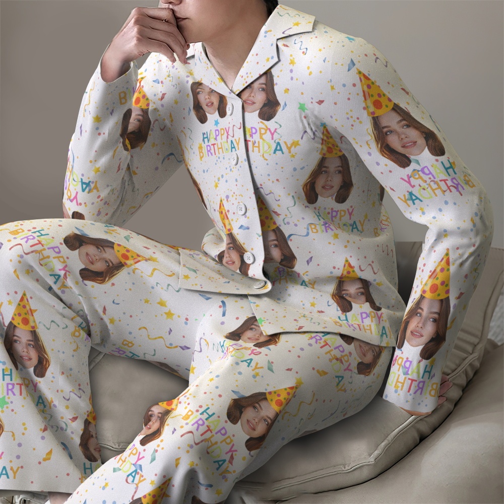 Custom Face Long Sleeve Pajamas Sleepwear Set Personalized Photo Happy Birthday Pajamas - MyFaceUnderwearAU