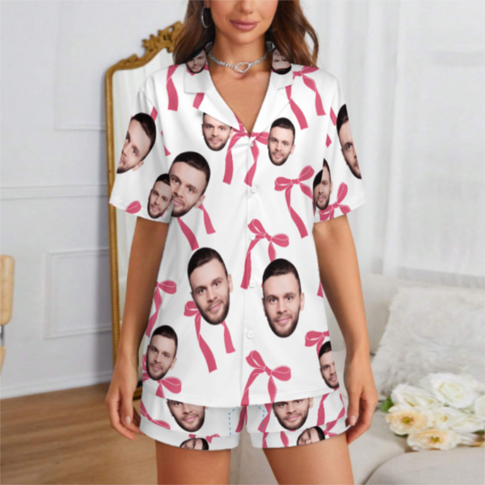 Custom Face Short Sleeve Pajamas Custom Bow Couple Gift Photo Pajamas Suit - MyFaceUnderwearAU