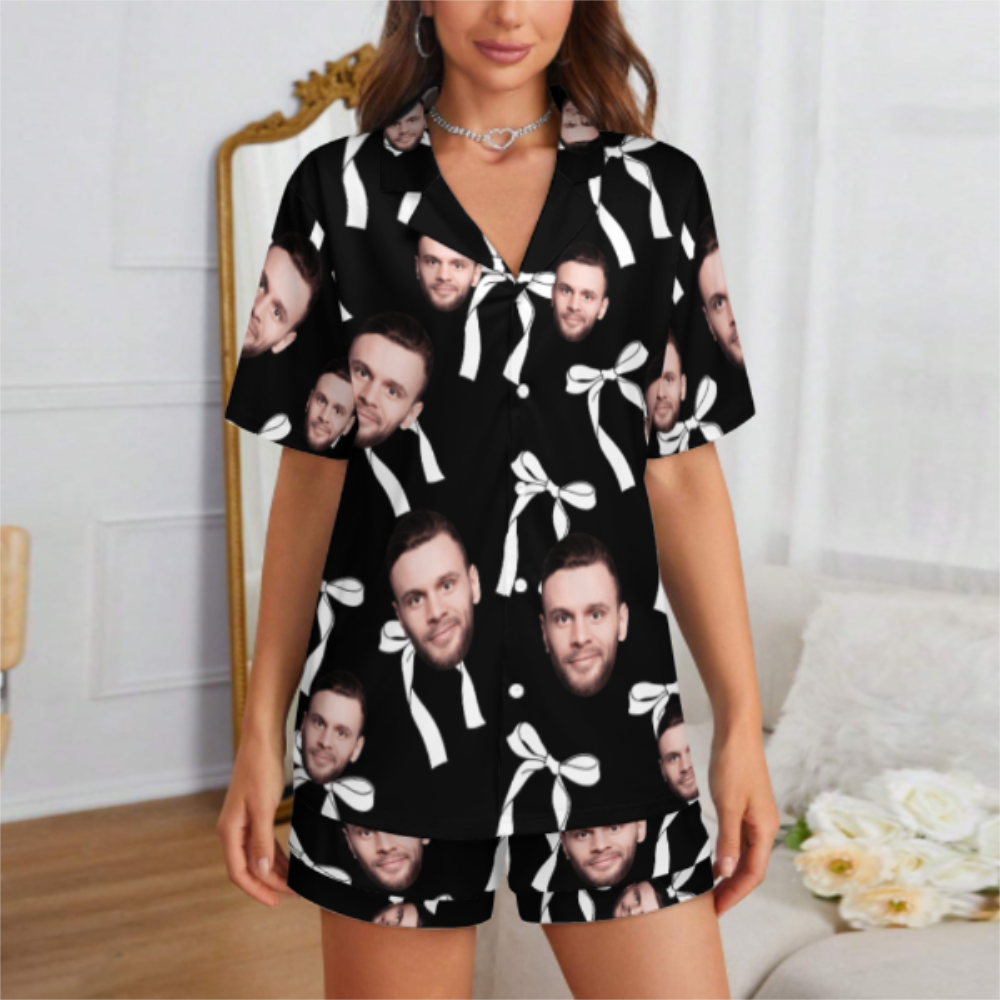 Custom Face Short Sleeve Pajamas Custom Bow Couple Gift Photo Pajamas Suit - MyFaceUnderwearAU