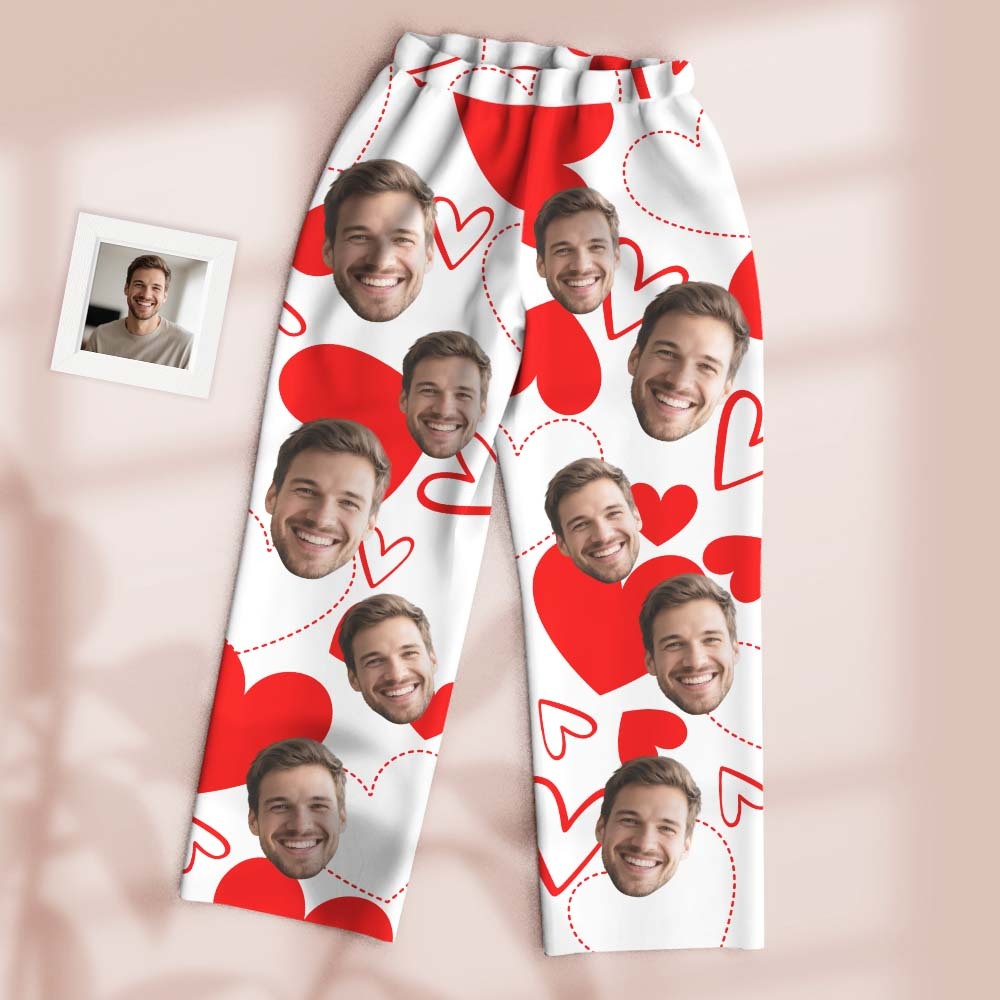 Custom Pajamas Pants White Base Hollow Dotted Line Solid Heart Valentine's Gift for Her - MyFaceUnderwearAU
