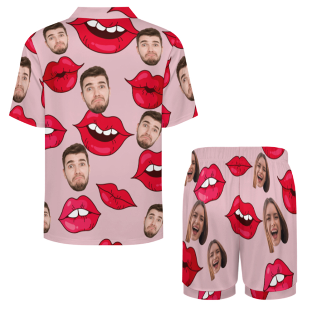 Custom Face Short Sleeve Pajamas Custom Red Lips Photo Pajamas Suit
