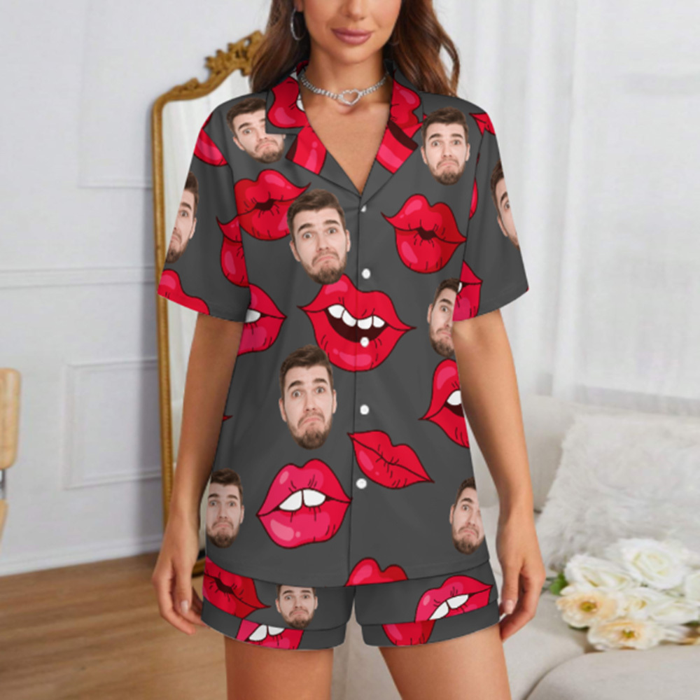 Custom Face Short Sleeve Pajamas Custom Red Lips Photo Pajamas Suit