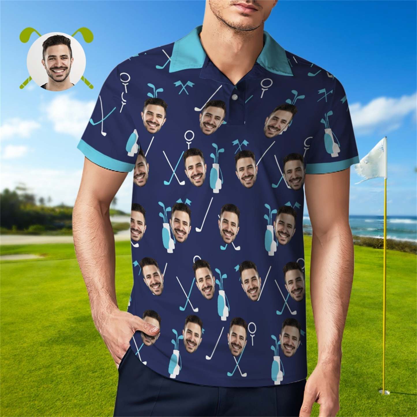 Custom Face Blue Polo Shirt For Men Personalized Golf Shirts - MyFaceUnderwearAU