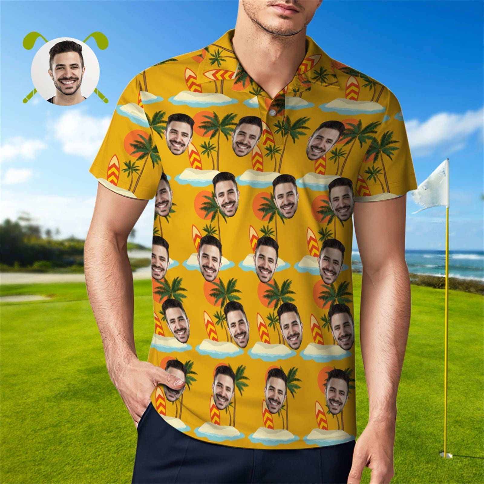 Custom Face Polo Shirt For Men Coconut Tree Beach Shirt Hawaiian Golf Shirts - MyFaceUnderwearAU